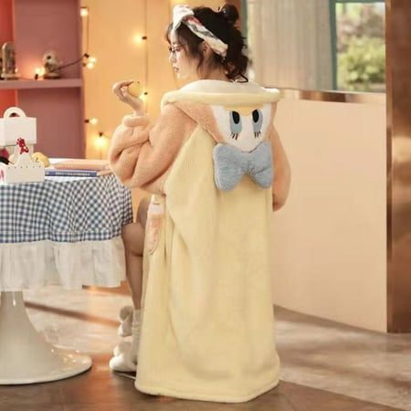 

PIKADINGNIS Women Nightgowns Winter Flannel Sweet Sleepwear Hooded Sleepshirts Female Warm Cute Soft Homewear Robe Casual Loose Cozy Pajamas
