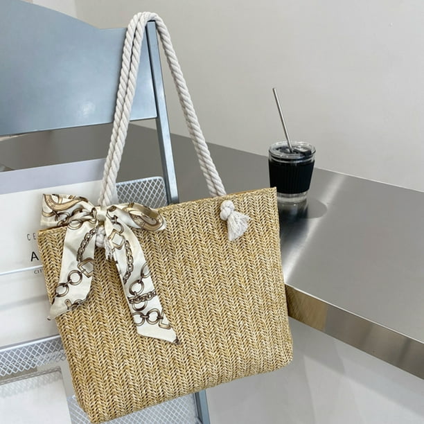 Bolsa de hombro tejido de paja para mujer Bufanda de seda informal de gran capacidad Tmvgtek Para Estrenar