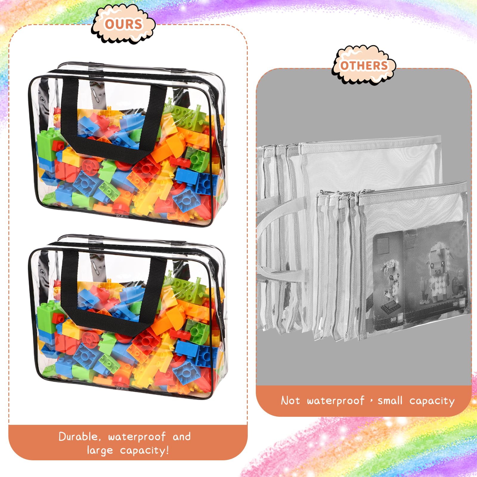 4 Pack Toy Storage Bags, Clear Zipper Bags for Organizing, Waterproof Toy Bags for Board Games, Building Blocks, Small Toys and Kids Books, Black