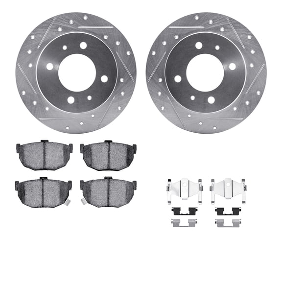 Dynamic Friction Company Rear Brake Rotors-Drilled and Slotted-Silver with 5000 Advanced Brake Pads includes Hardware 7512-03012