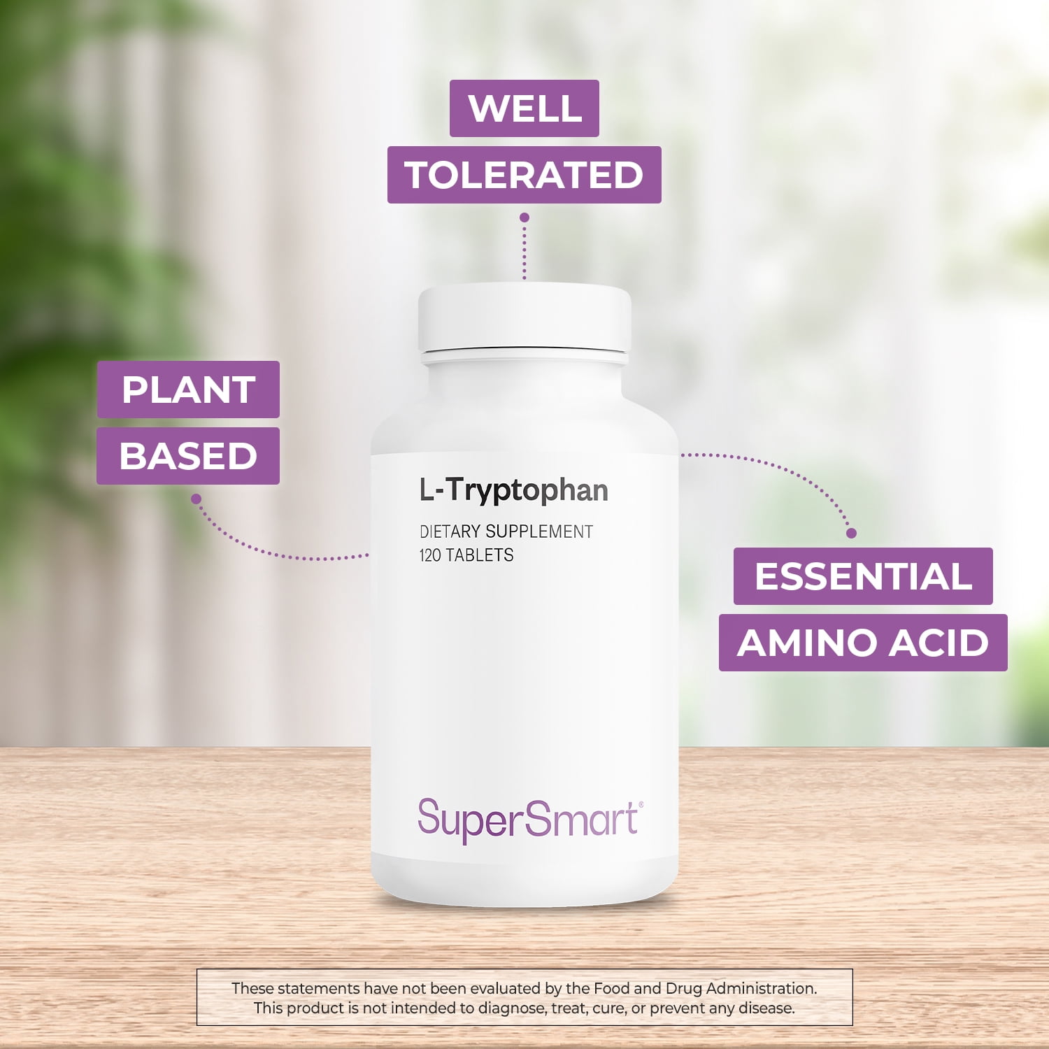 SuperSmart - L-Tryptophan Supplement 1000 mg per Day - Mood Support - Serotonin & Melatonin Precursor | Non-GMO & Gluten Free - 120 Tablets