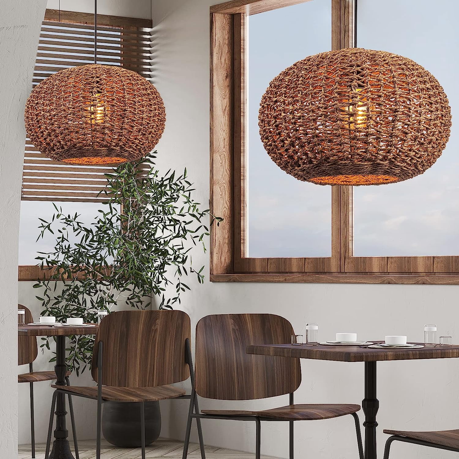 Arturesthome Handwoven Boho Pendant Lights Rattan Wicker Hanging Ceiling Lighting Fixture Weave Chandelier Lamp Shade for Kitchen Island Restaurant Craft Room