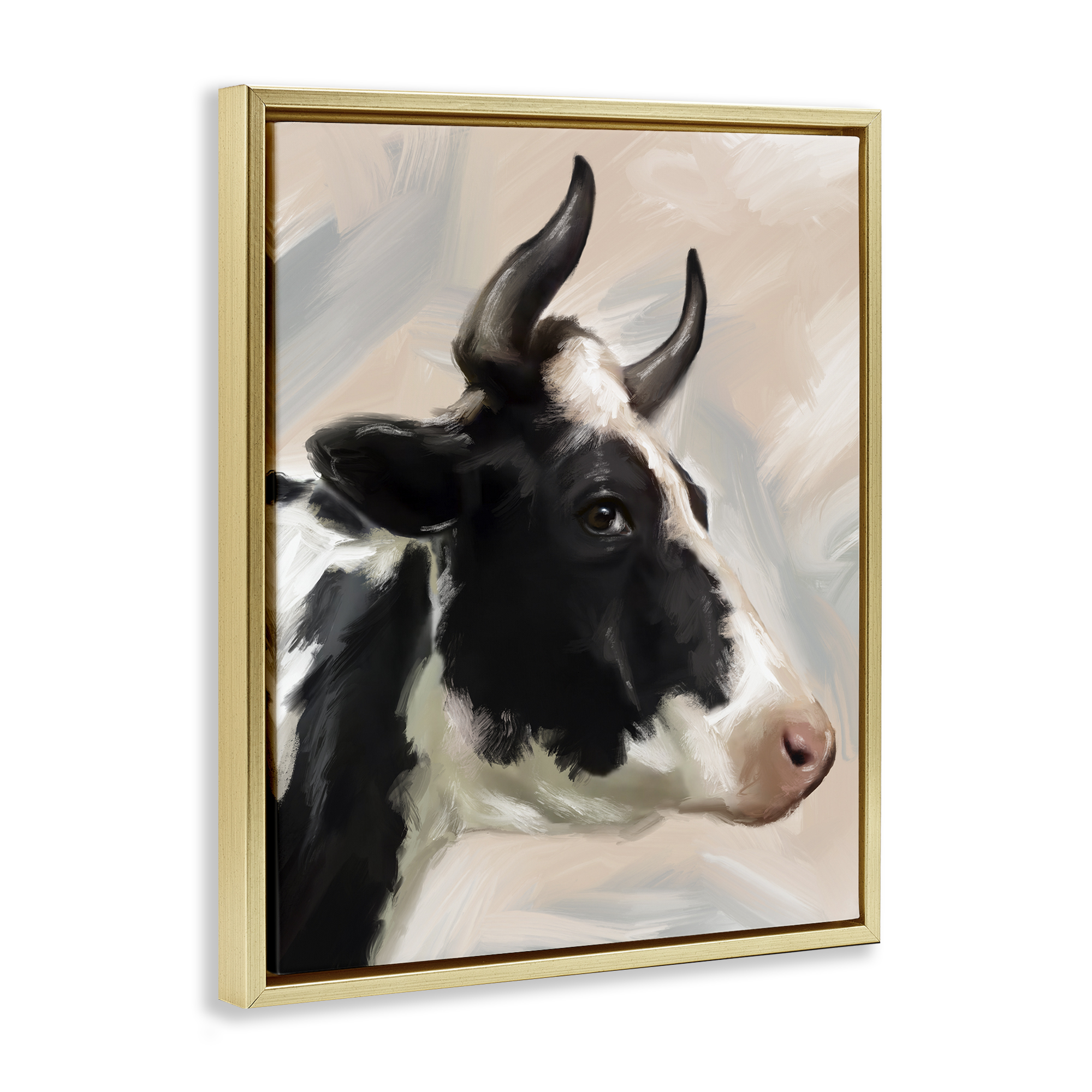 Stupell Industries Farm Cow with Horns Animals Painting Gold Floater Framed Canvas Art Print Wall Art, 17 x 21