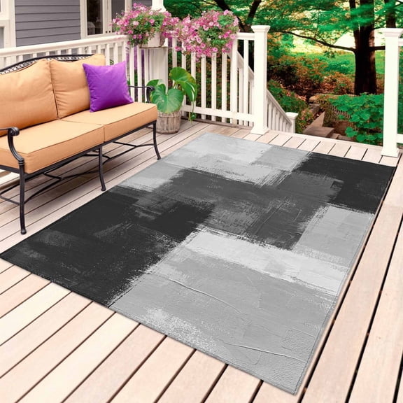 Black Abstract Outdoor Rug 3x5 Ft, Non Slip Washable Area Rug, Grey Geometric Oil Painting Vintage Ombre Patio Rugs Carpet Runner, Large Floor Mat for Indoor/Outdoor Deck Porch Camping
