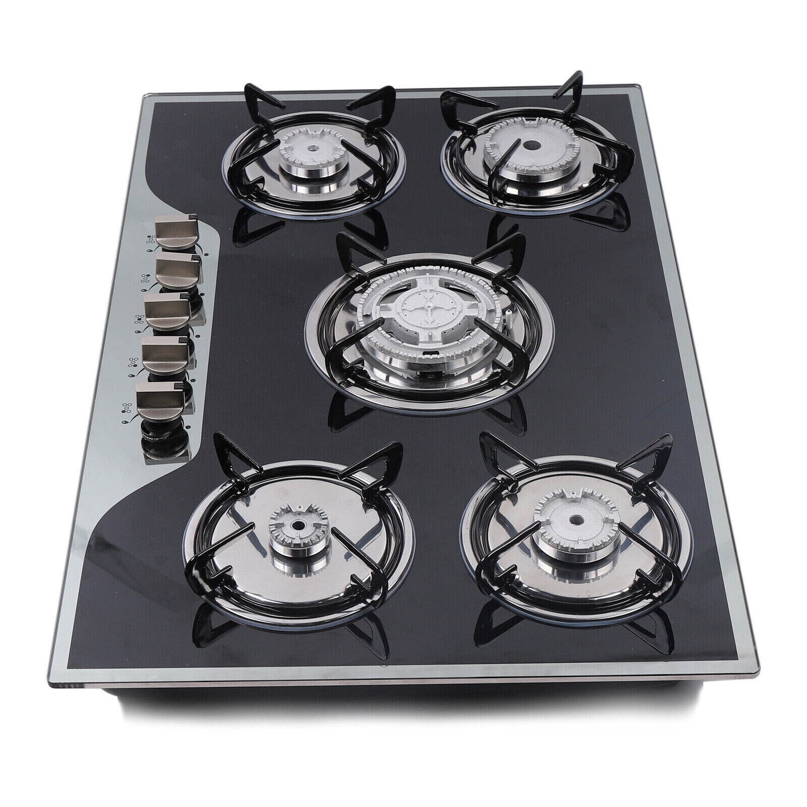 5-Burner Gas Cooktop with Automatic Pulse Ignition - Tempered Glass, LPG/NG Convertible, Easy to Clean