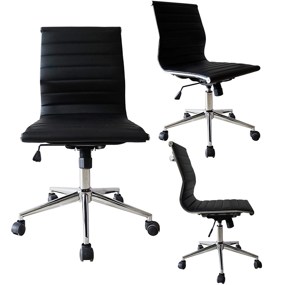 Office Desk Chair PU Leather Mid Back Armless Swivel Task Chair Wheels Home Whit 