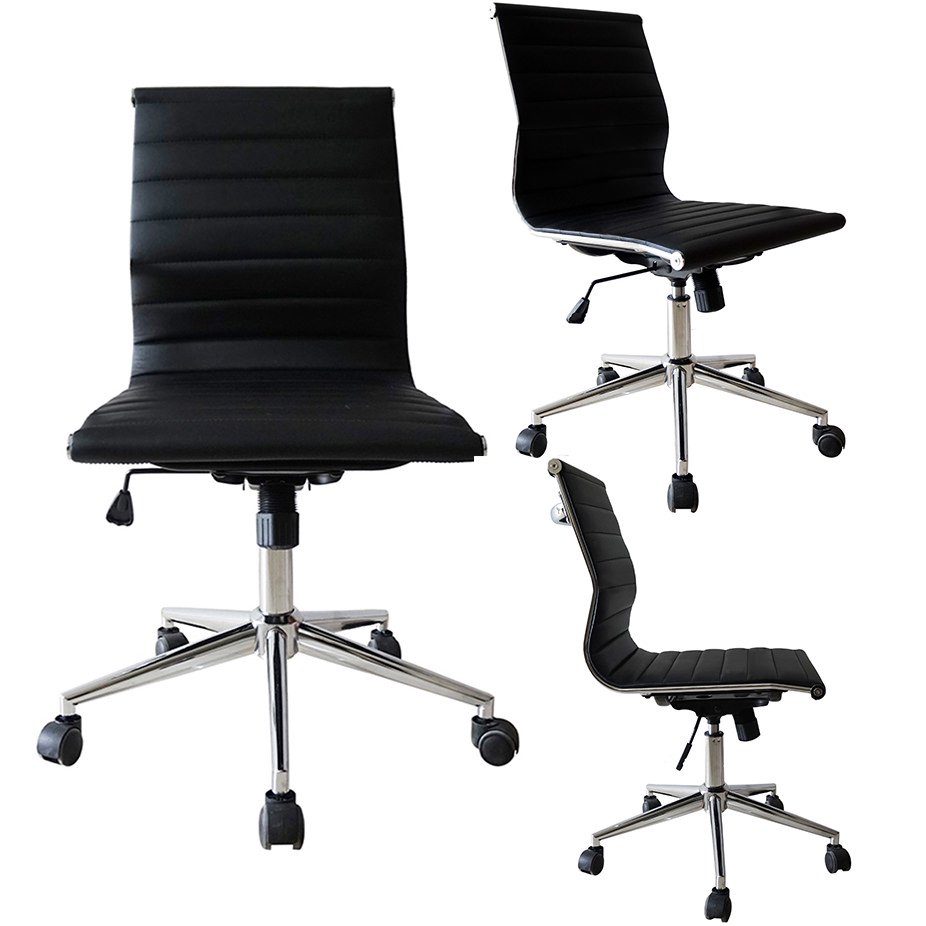 2xhome Black Contemporary Modern Ergonomic Executive Mid back PU Leather No Arms Rest Tilt
