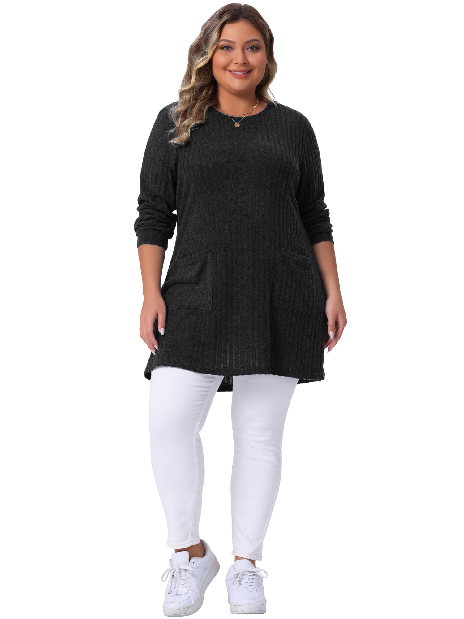 DARING DIVA Women's Plus Sweaters Round Neck Knit Loose Pocket Pullover Top 2X Black