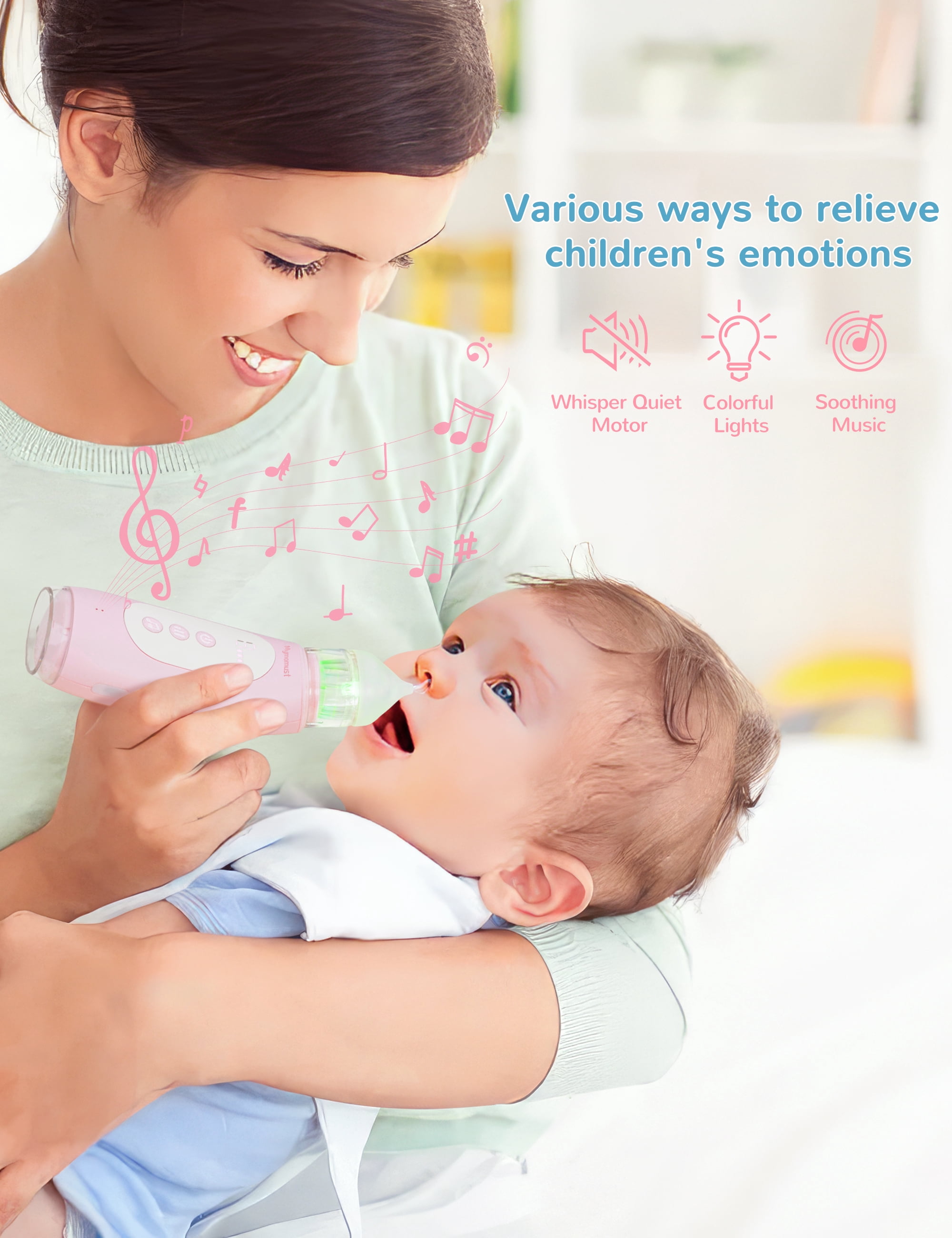 Mymomust Nasal Aspirator for Baby Electric Nose Sucker Self-Cleaning Nose Cleaner with 3 Suction Levels & Music & Colorful Lights Soothing Function Rechargeable Portable Baby Nasal Aspirator, Pink