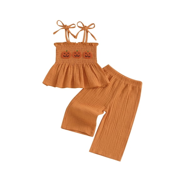 Loicainy Baby Toddler Kids Girl Halloween Outfit 6 9 12 18 24 Months 2T 3T 4T 5T Pumpkin Embroidery Smocked Tie-up Spaghetti Strap Tops Solid Wide Leg Pants Clothes Set