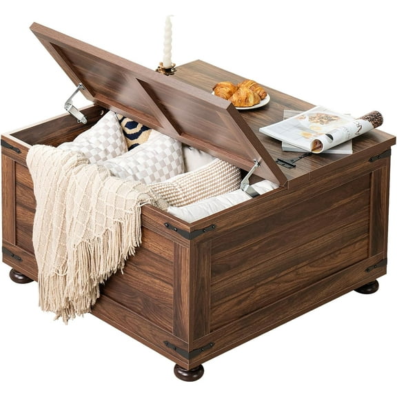 Farmhouse Coffee Table with Hidden Storage,Large Square Center Table for Living Room,Retro Cocktail Tables with Flip-Top Lids, Farm House Tables with Wooden Gourd Feet for Home,Brown Walnut