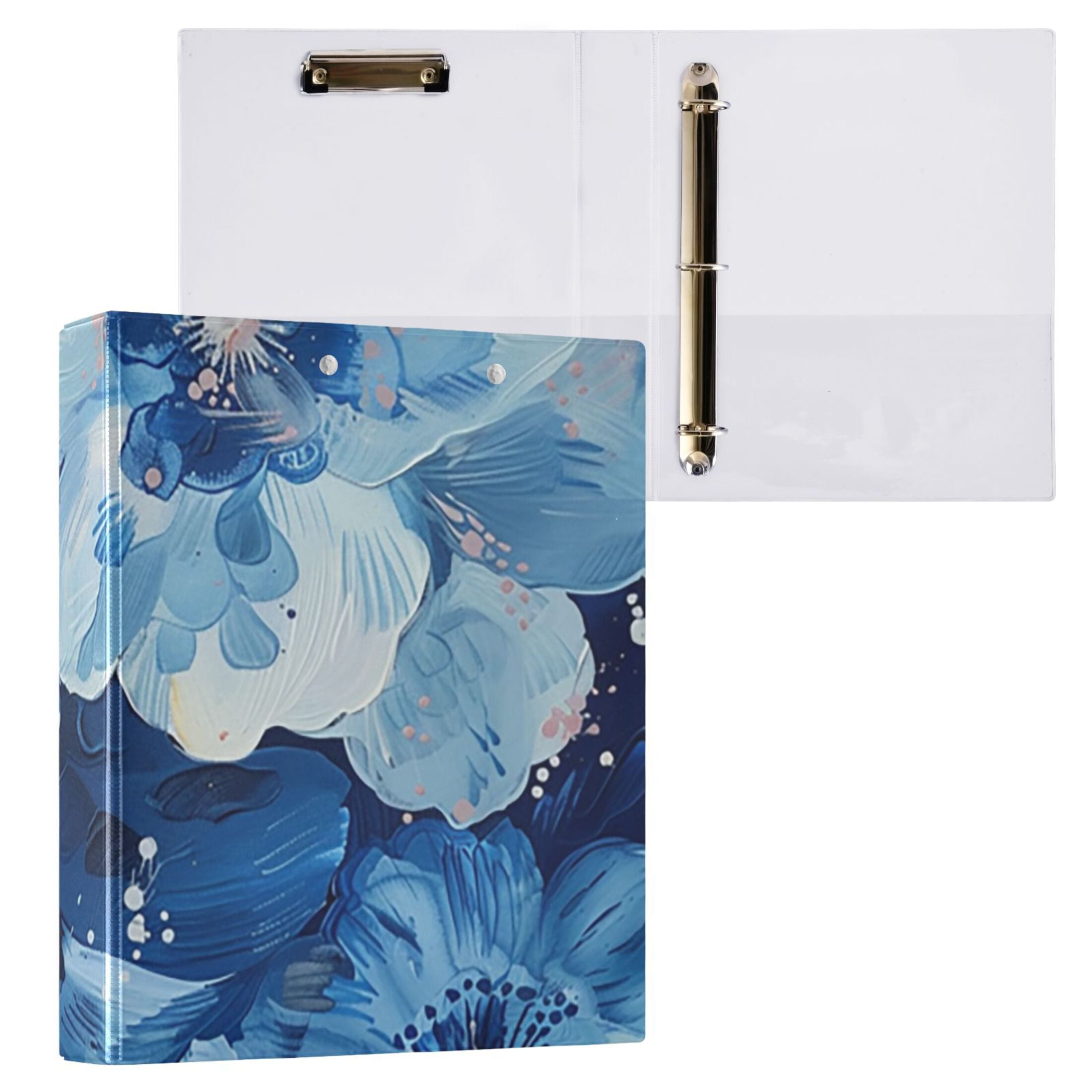 Blue Floral 3 Ring Binders 1.5 inch Hardcover File Folders with Interior Pockets A4 Size Organizer for School Office Hospital