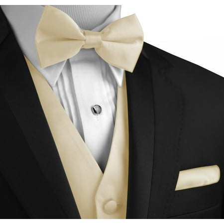 Italian Design, Men's Formal Tuxedo Vest, Bow-Tie & Hankie Set for Prom, Wedding, Cruise in Champagne -