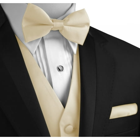 Italian Design, Men's Formal Tuxedo Vest, Bow-Tie & Hankie Set for Prom, Wedding, Cruise in Champagne - (Best Class Tee Design)