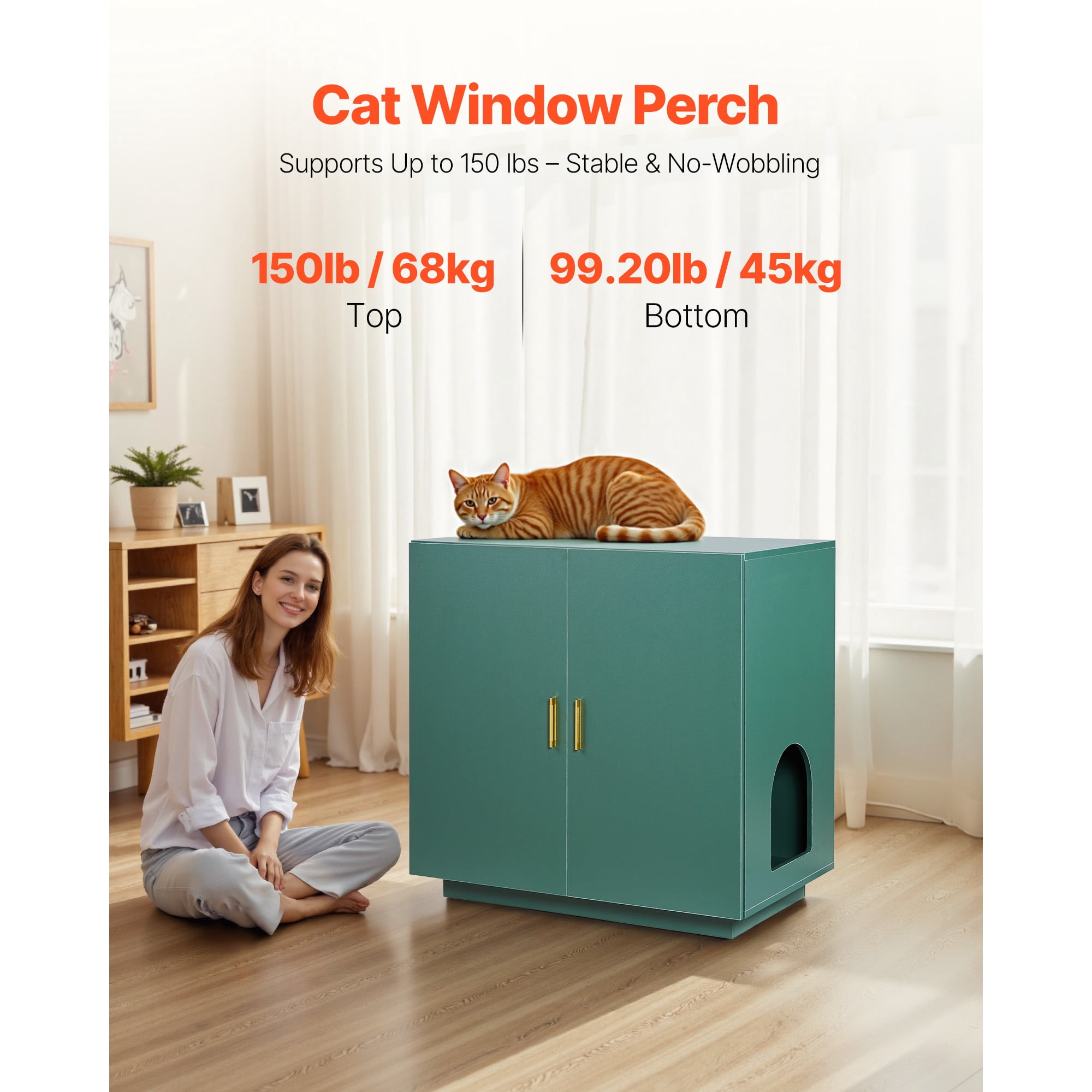 KFFKFF Wooden Cat Litter Box Cabinet, 31.5 in Hidden Enclosure with Ventilation Holes, Double-Door Indoor Cat Washroom, Multifunctional Pet Furniture and Side Table Compatible with Most Litter Boxes