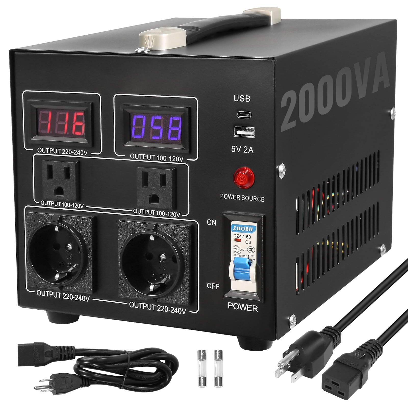 KFFKFF Power Converter, 2000W, Durable Step Up/Down Unit, Switches between 110V and 220V, Includes US and EU Outlets plus 5V USB Port, CE Approved