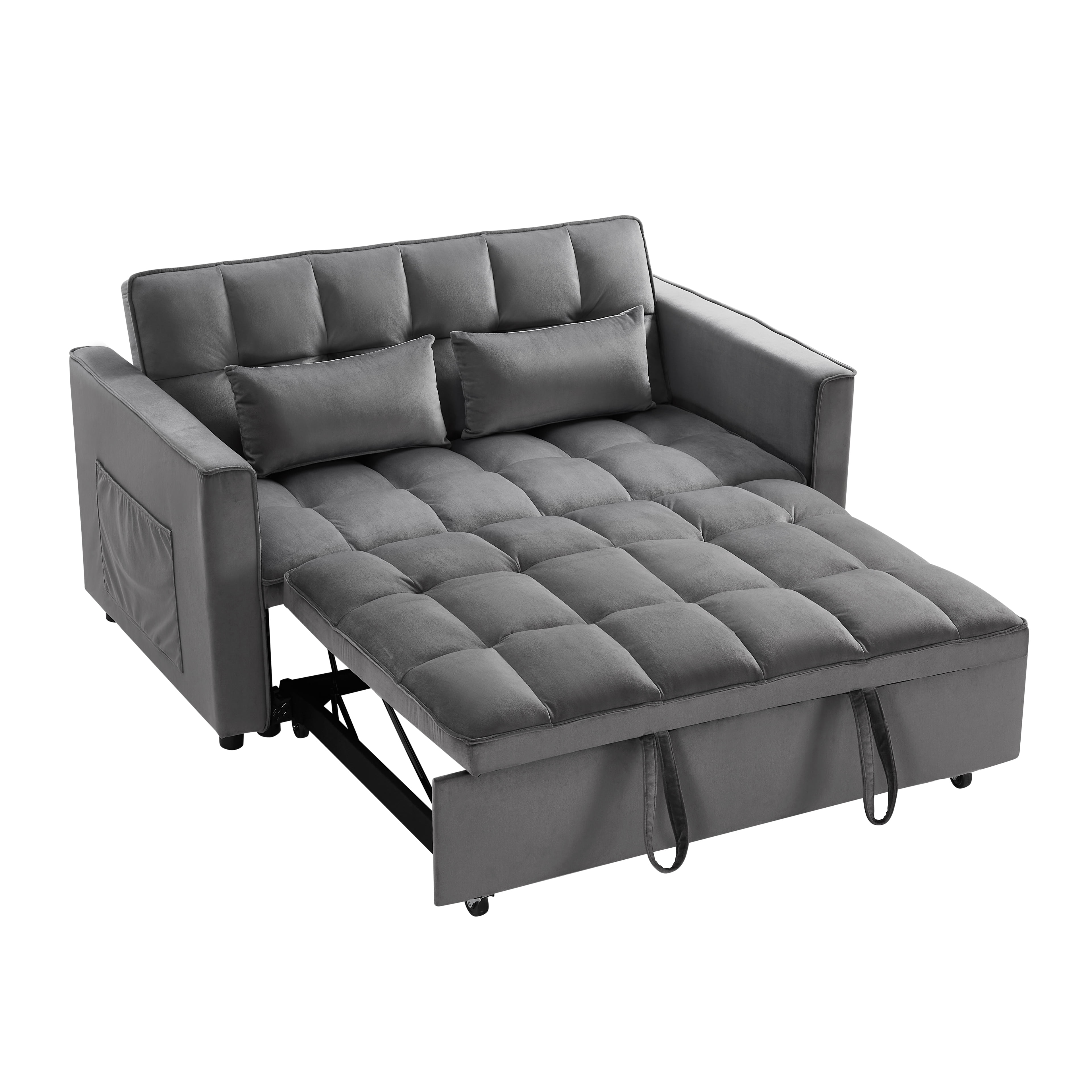 Pull Out Sofa Bed,Full-Size Sleeper Sofa,Velvet Convertible Loveseat Counch with Side Strong Pocket,Multi-Function 2-Seater Sofa Bed with Wheels for Living Room Apartment Guest Room,Gray