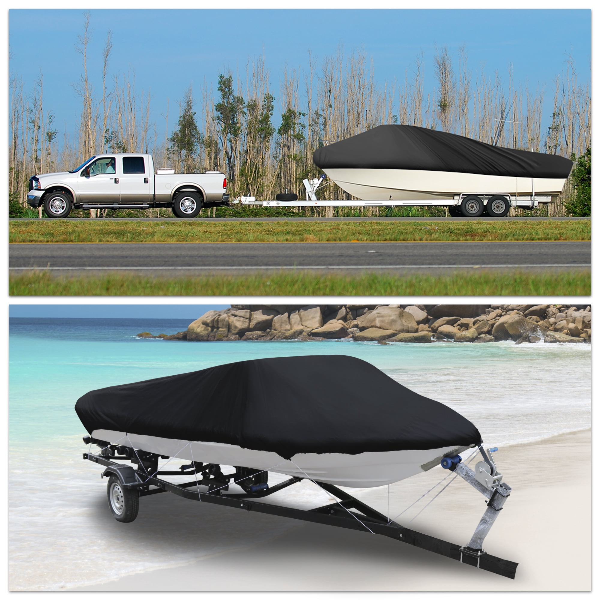 210D Waterproof Trailerable V-Hull Boat Cover, Black