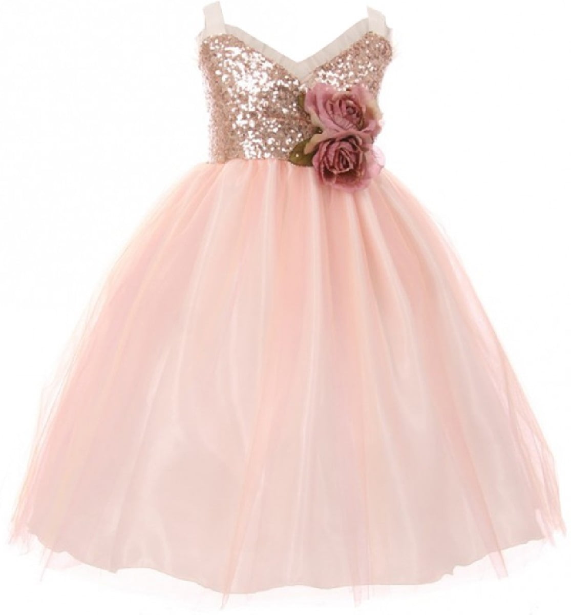 GIRLS LIGHT PINK SPARKLY SEQUIN TRIM SATIN TULLE PRINCESS PAGEANT PARTY DRESS 