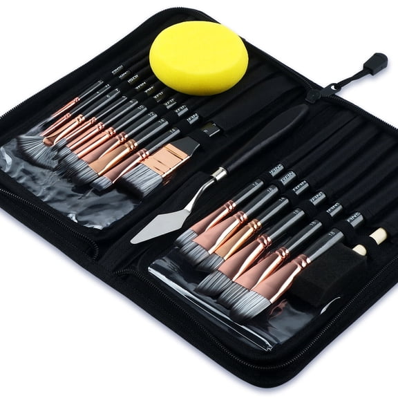 Transon Art Paint Brush Kit 16 Paint Brushes with Foam Brush Sponge Spatula and Art Case for Oil, Acrylic, Watercolor, Gouache, Painting Black Color