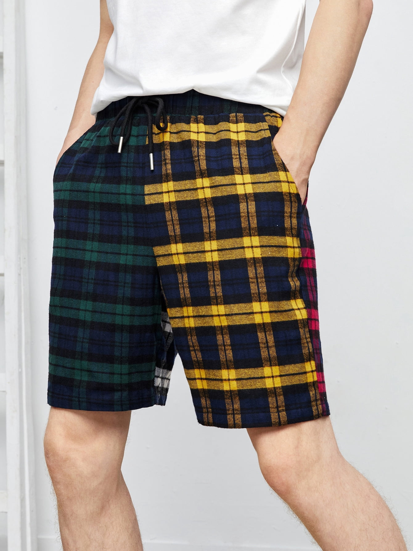 Men Color block Plaid Drawstring Waist 