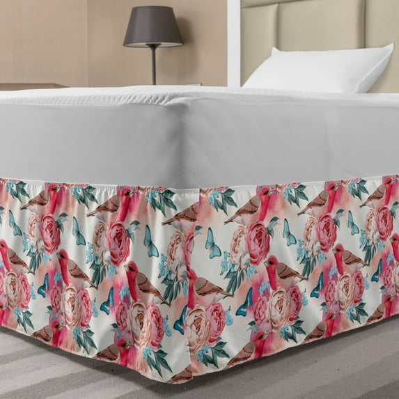 Romantic Bed Skirt, Vintage Pastel Finch Birds Rose Blossoms and Butterflies Wedding Celebration, Elastic Bedskirt Dust Ruffle Wrap Around for Bedding Decor, 4 Sizes, Pink Cadet Blue, by Ambesonne