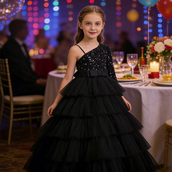 Girls Sequin One Shoulder Elegant Tutu Evening Gown For Birthday Party Piano Recital Girls Summer Dress Cassual Formal Dresses Cute Sun Dresses