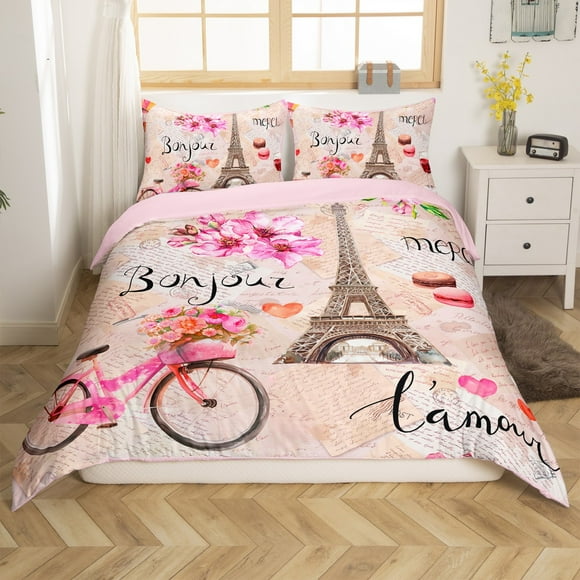 Erosebridal Eiffel Tower Duvet Cover Toddler, Romantic Flower Bedding Sets Toddler Size, Anniversary Decor, Reversible 2 Pieces(No Comforter)