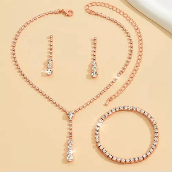 MATROOY 4Pcs Fashion Bride Wedding Jewelry Set Rhinestone Necklace Earring Bracelet Set-Rose Gold