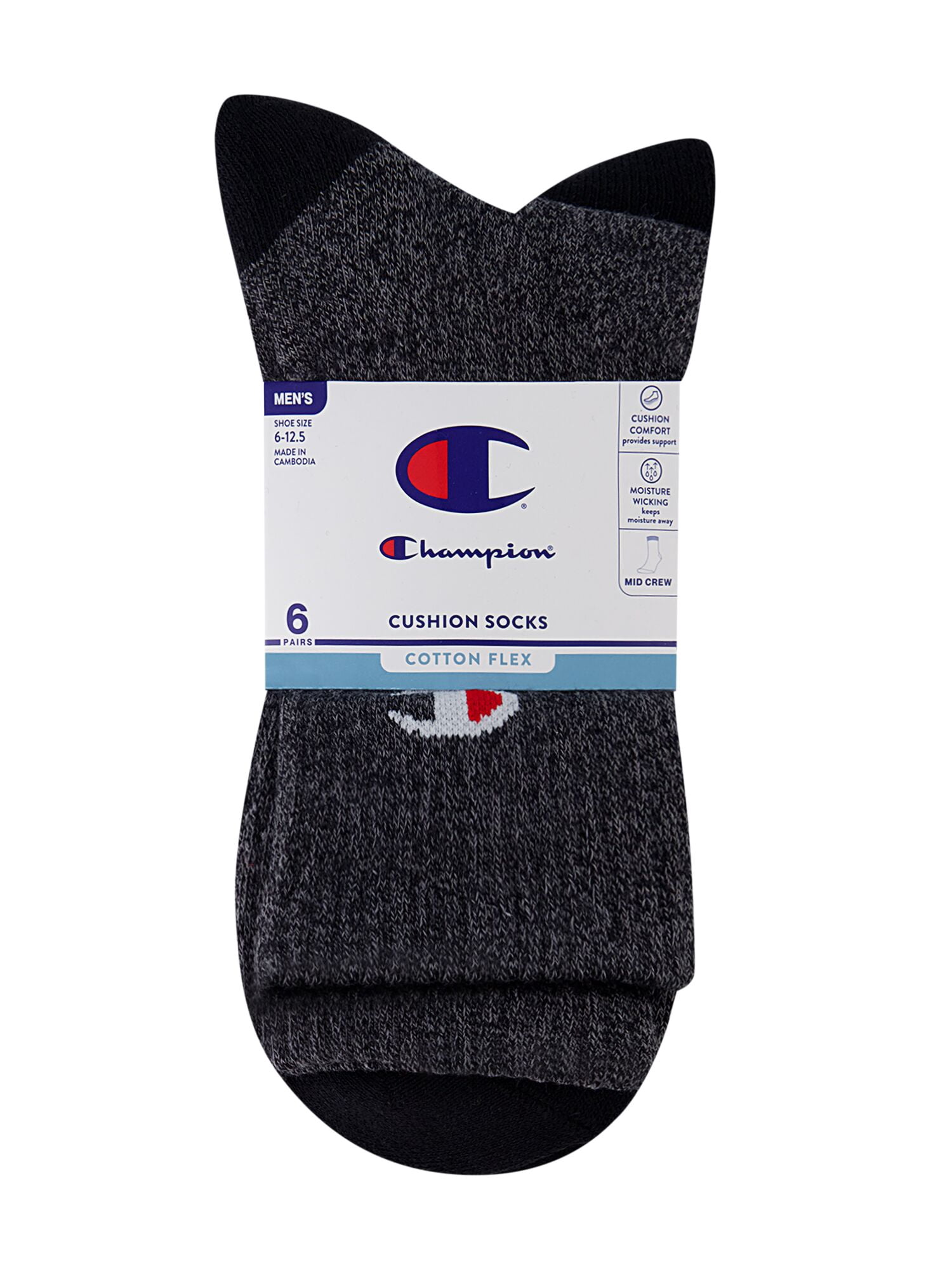 Champion Men’s Mid Crew Socks 6 Pack – Half Terry Cushion, Moisture-Wicking, Arch Support, Stretch Comfort, Sizes 6–12.5