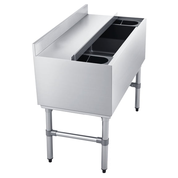 KFFKFF Commercial Ice Bin, 100.7 Qt Capacity, 36 x 19 x 33 Inch Stainless Steel Ice Chest with Sliding Lid and Bottle Holders, Cooler Cart for Bar, Restaurant, or Pub, NSF Certified
