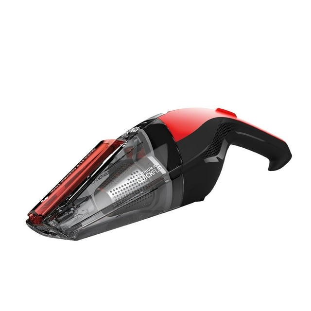 Dirt Devil QuickFlip cordless handheld vacuum cleaner in red and black with visible transparent dust container and internal filter.