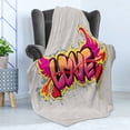thumbnail image 4 of Love Soft Flannel Fleece Throw Blanket, Love Lettering Brick Wall Brushing Dripping Street Art Wings Illustration, Cozy Plush for Indoor and Outdoor Use, 70" x 90", Yellow Beige Pink, by Ambesonne, 4 of 5