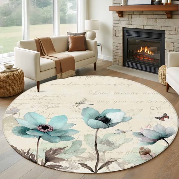 Round Area Rug 8 Ft, Teal Spring Floral Washable Non-Slip Circle Carpet for Living Room/Bedroom, Vintage Botanical Retro Art Collection Low-Profile Large Area Rugs for Indoor