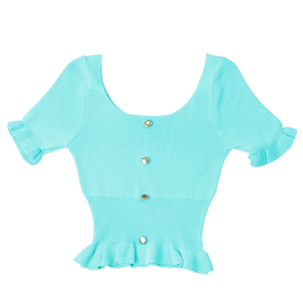 Camiseta de punto para mujer, manga corta, cuello cuadrado, corte ajustado, botón superior, azul Vogacara AP001523-05B