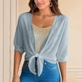 thumbnail image 6 of LEKODE Ladies Summer Vacation Casual Layering Outerwear V Neck Bell Long Sleeve Tie Front Cropped Lightweight UV Protection Knit Shrug B Gray XL, 6 of 9