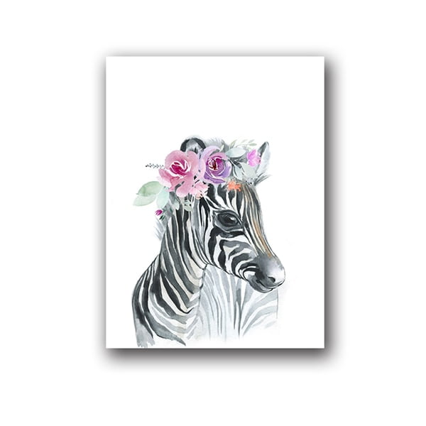 Animals Floral Crown Art Decor Canvas Painting , Baby Girl Prints Animal Giraffe Elephant Lion Wall Art Picture Nursery Poster