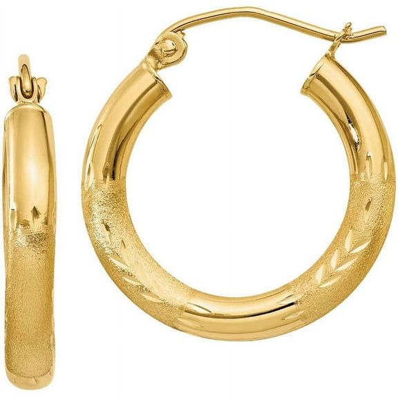 Primal Gold 10 Karat Yellow Gold Gold Satin and Diamond Cut 3mm Round Hoop Earrings
