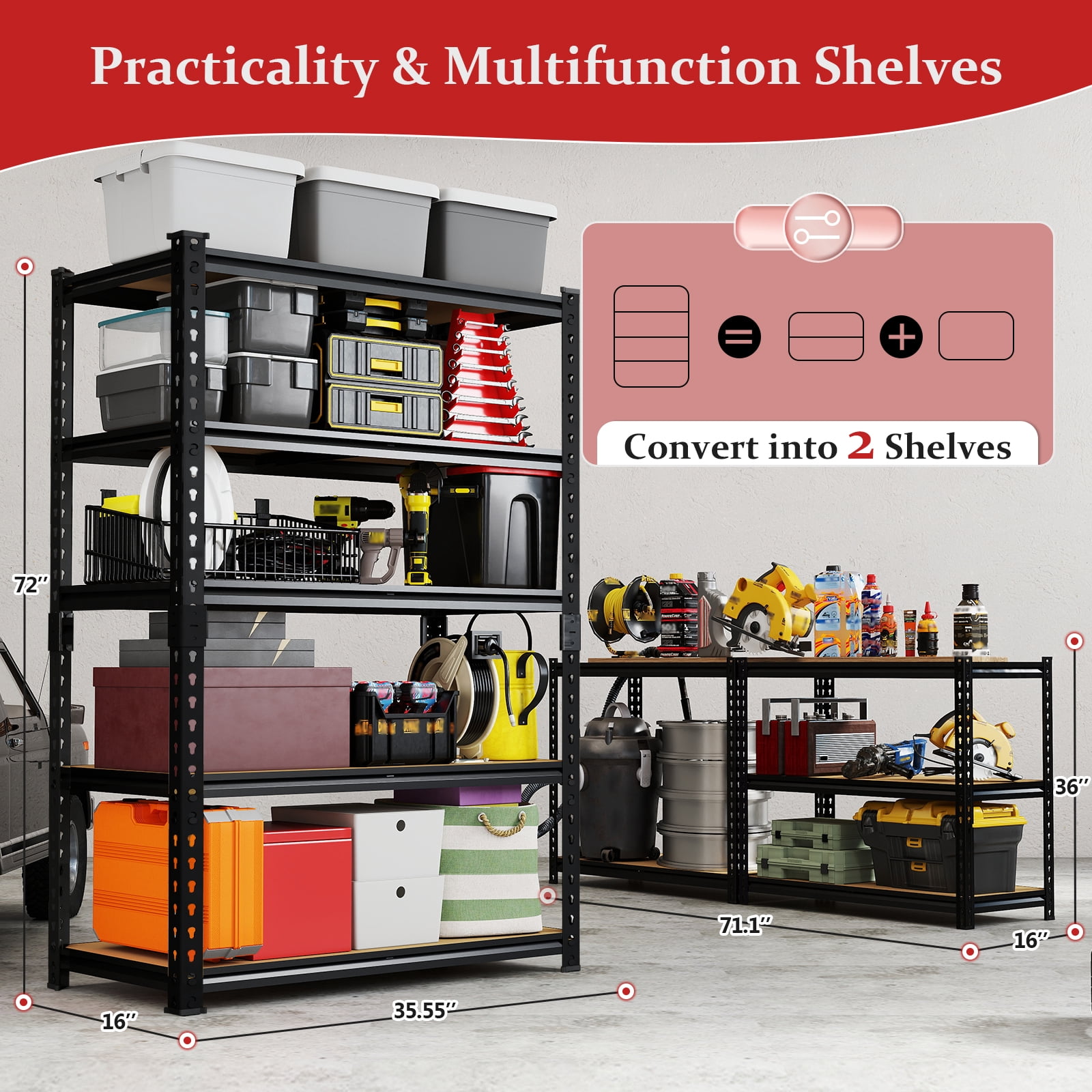 SAMRELAX Garage Storage Shelving Units - 5 Tier Metal Shelving, Heavy Duty Racks for Garage Organization, Adjustable Shelves for Basement, Warehouse, Pantry, 72" H x 35.5" W x 15.8" D, 2000lbs Capaci