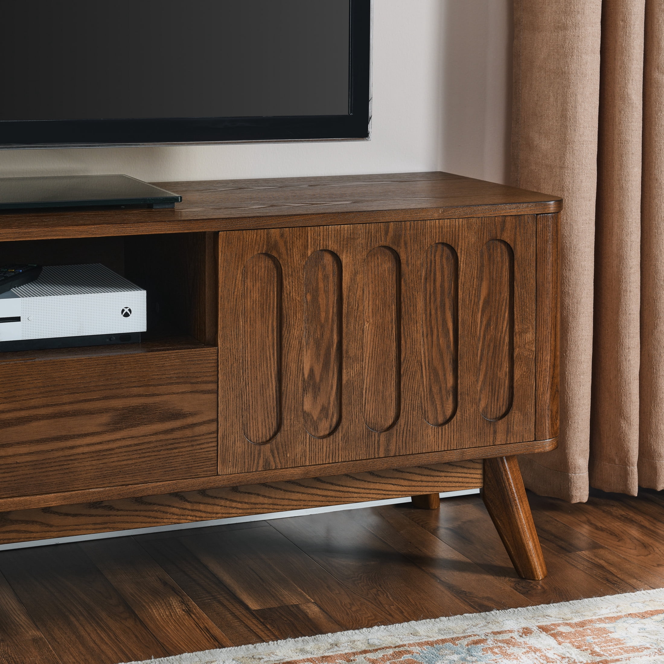 Noble House Mid-Century Modern Fluted TV Stand for 65" TV, Entertainment Console with Storage, Solid Wood Legs, Walnut