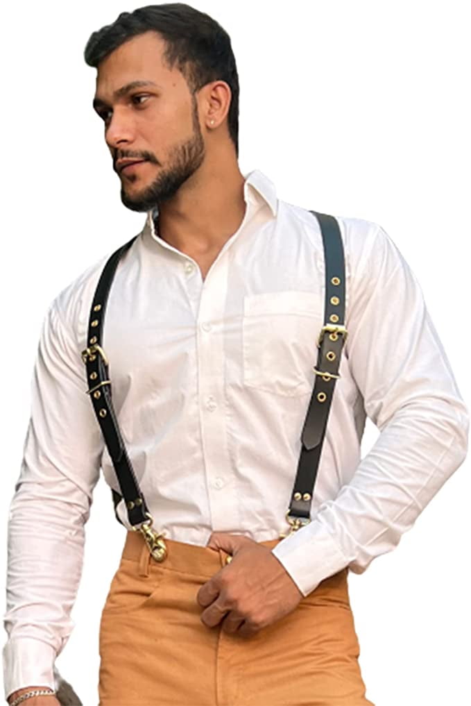 BODIY Men Leather Suspenders Belt Y-Back Shoulder Strap Groomsmen Wedding Adjustable Tuxedo Suspender (Black)
