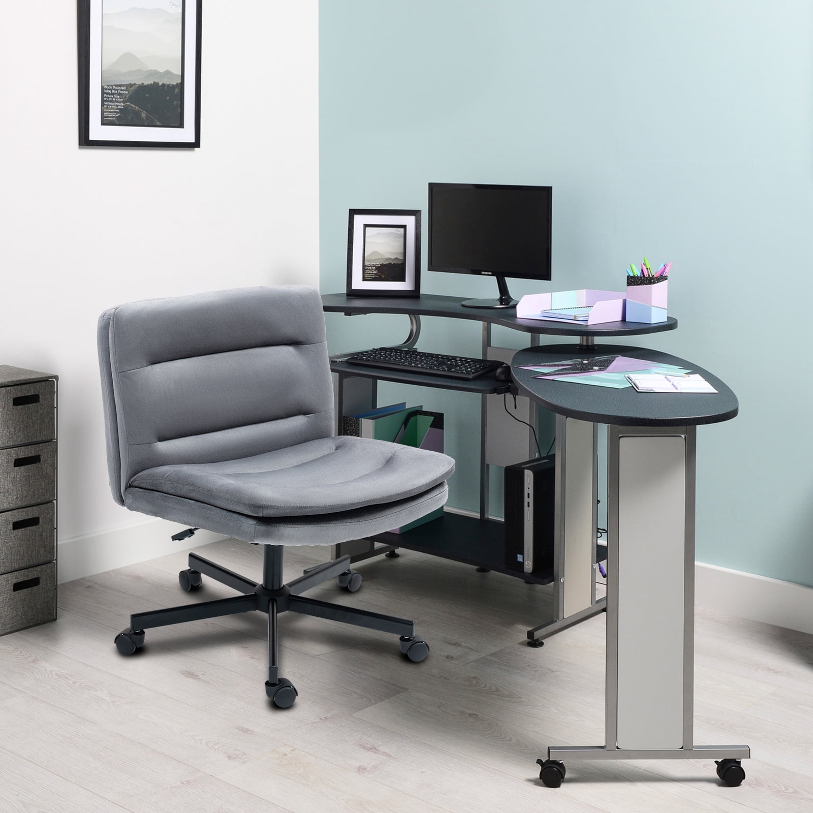 Criss Cross Legged Chair Ergonomic Home Office Desks Chair with Casters, Armless Wide Comfy Vanity Desk Seat Swivel Rolling Computer Chair, Adjustable Height, Rocking Function, Gray