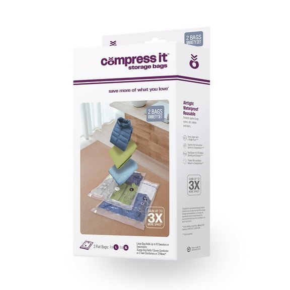 Compressit Storage Bags, Manufactured in North America, Vacuum, Flat Bags Set, 1-Large, 1-XLarge, Closet and Home Organizer, Clear