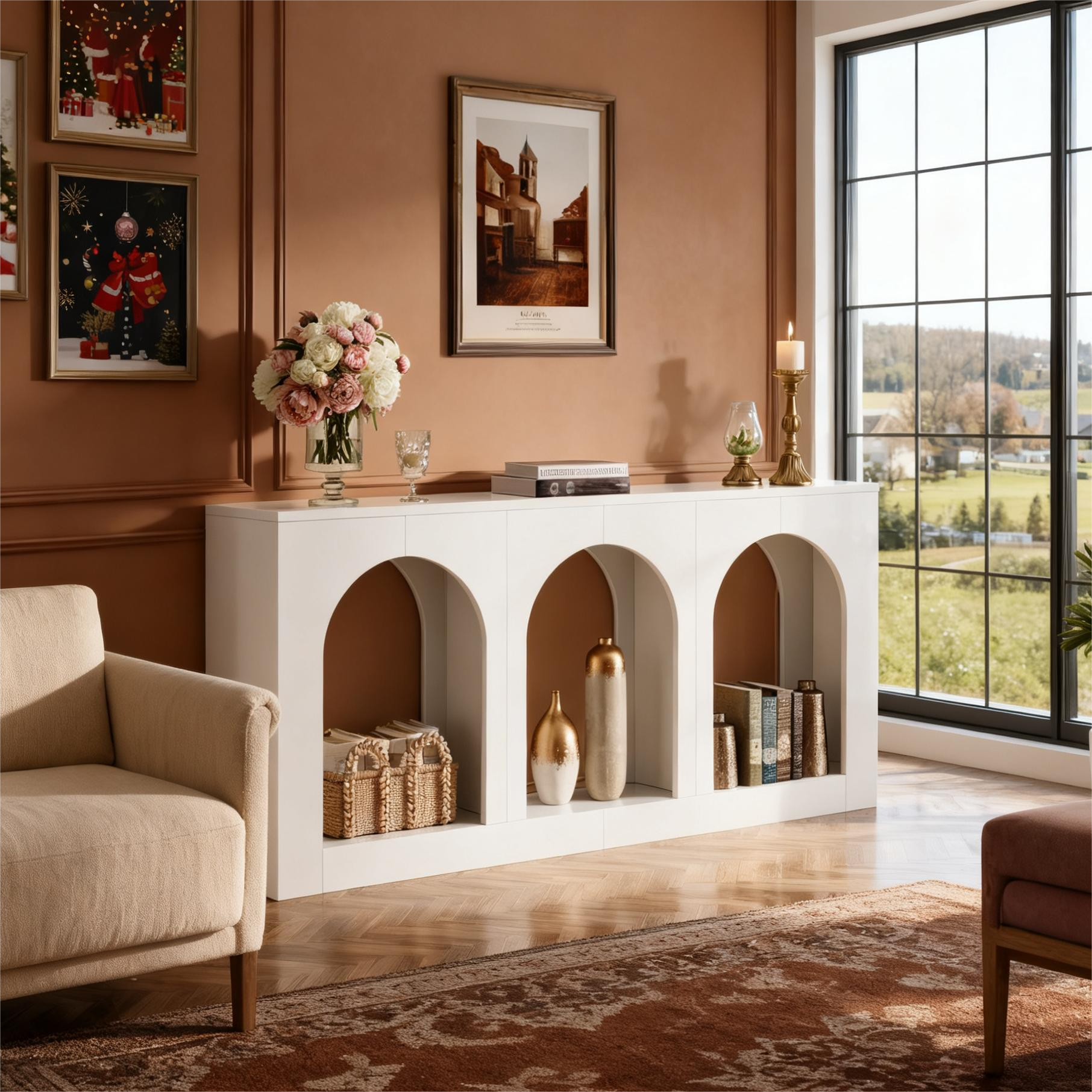 Fnova 70.9" Farmhouse Console Table, Narrow Long Sofa Table with 3 Arched Storage Shelves, Wood Entryway Table for Foyer, Hallway, Living Room, Behind Couch