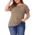 thumbnail image 4 of Blusas de verano sólidas para mujeres de tallas grandes Agnes Orinda con panel de encaje y mangas cortas huecas 4X marrón, 4 of 6