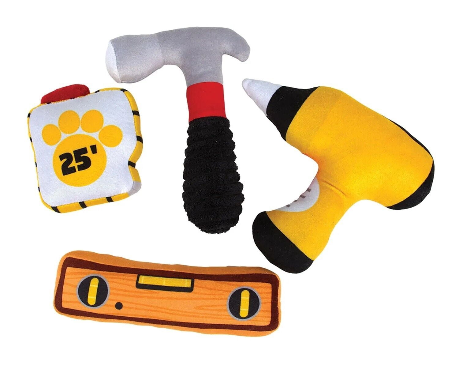 Dog Toy Pack 4 Tools in One Fetch and Fix Fun Hammer Measuring Tape Drill Level (Five Sets of Toys)