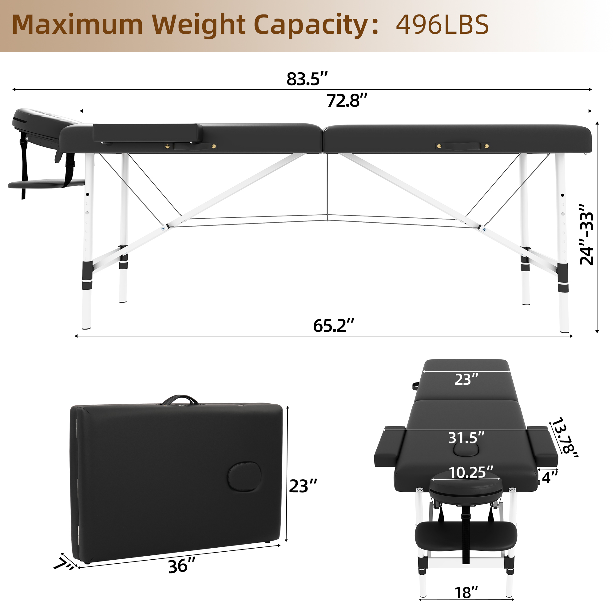 Westice Portable 2-Section Foldable Massage Table with Adjustable Height, Face Cradle, Aluminum Frame, Ideal for Spa, Tattoo, Lash & Facial Services, Black