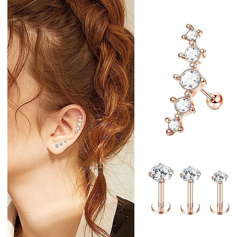 Melighting 14K Solid Gold Dog Paw Cartilage Earring - 16G, 8mm Flat Back, Internally Threaded, Clear CZ Stud For Helix & Rook Piercing