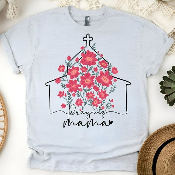 Women’s Graphic T-Shirt Praying Mama Church Floral Print | Christian Faith Tee, Ash, Size S