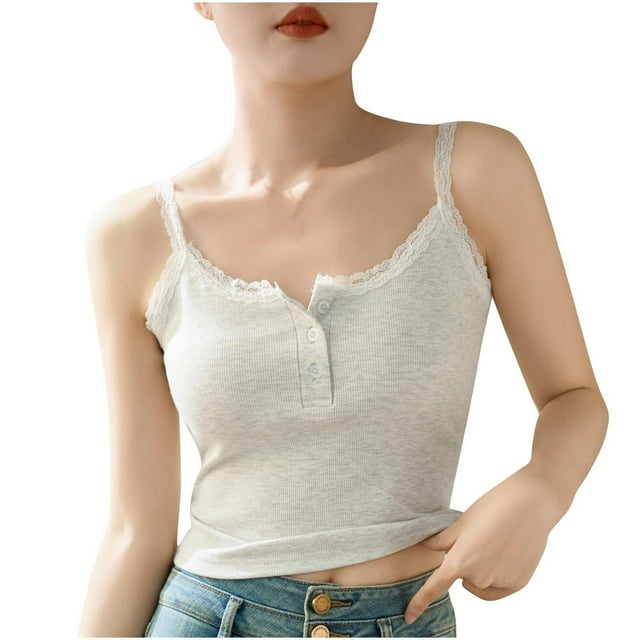 Womens Lace Button Up Suspender Summer Cotton Camisole Round Neck Short Sleeveless Inner Top